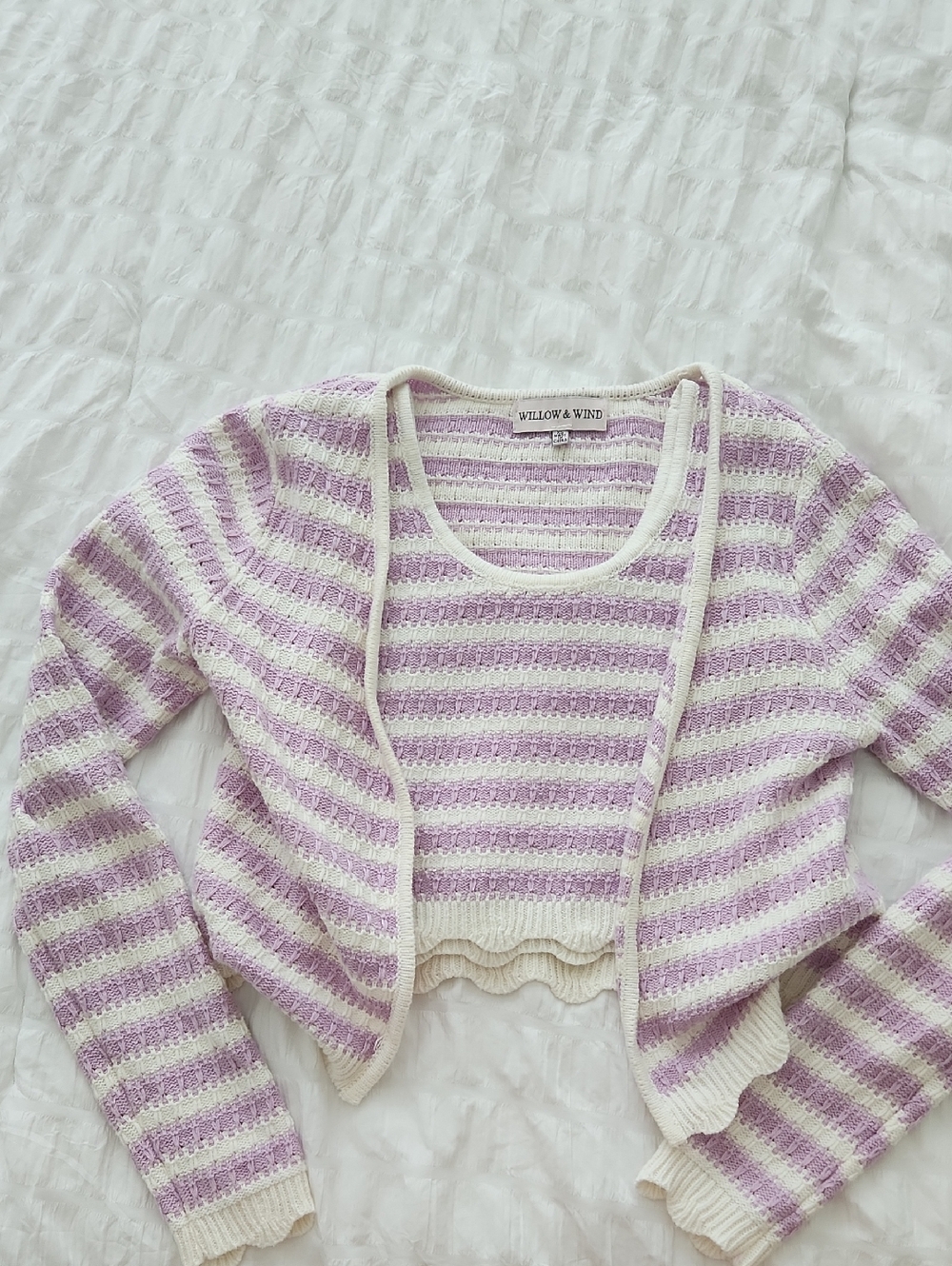 Willow & Wind Lilac and Cream Striped Cropped Cardigan Set